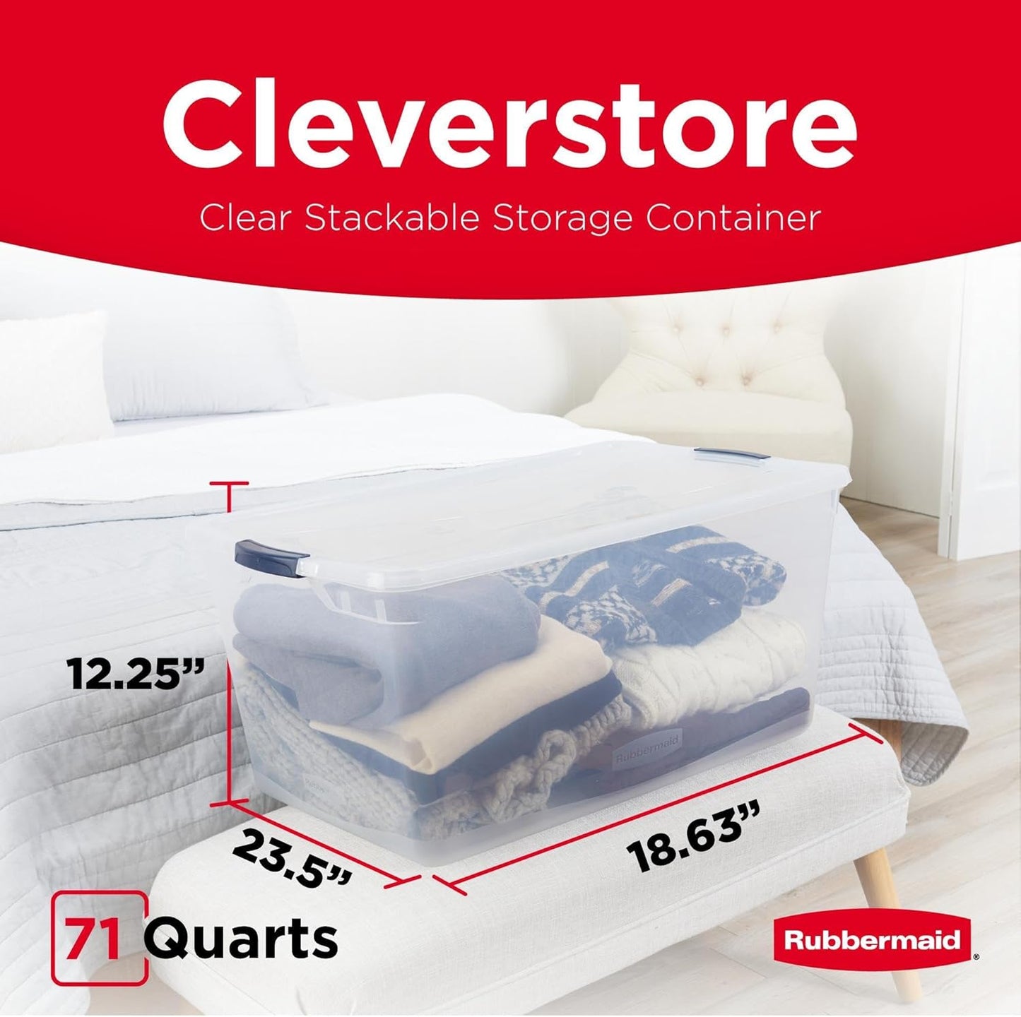 Rubbermaid Cleverstore 71 Qt Clear Storage Bins - Stackable, BPA-Free, 4-Pack | Made in USA