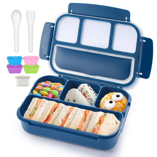 QQKO Bento Box Adult Lunch Box, Lunch Containers for Adults Men Women, Kids Lunch Boxes for School with 4 Compartments, Sauce Container, Utensils and Muffin Cups, Navy