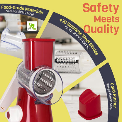 Rotary Cheese Grater - Hand Crank Slicer & Shredder with 3 Blades | Multi-Functional Kitchen Tool in Red