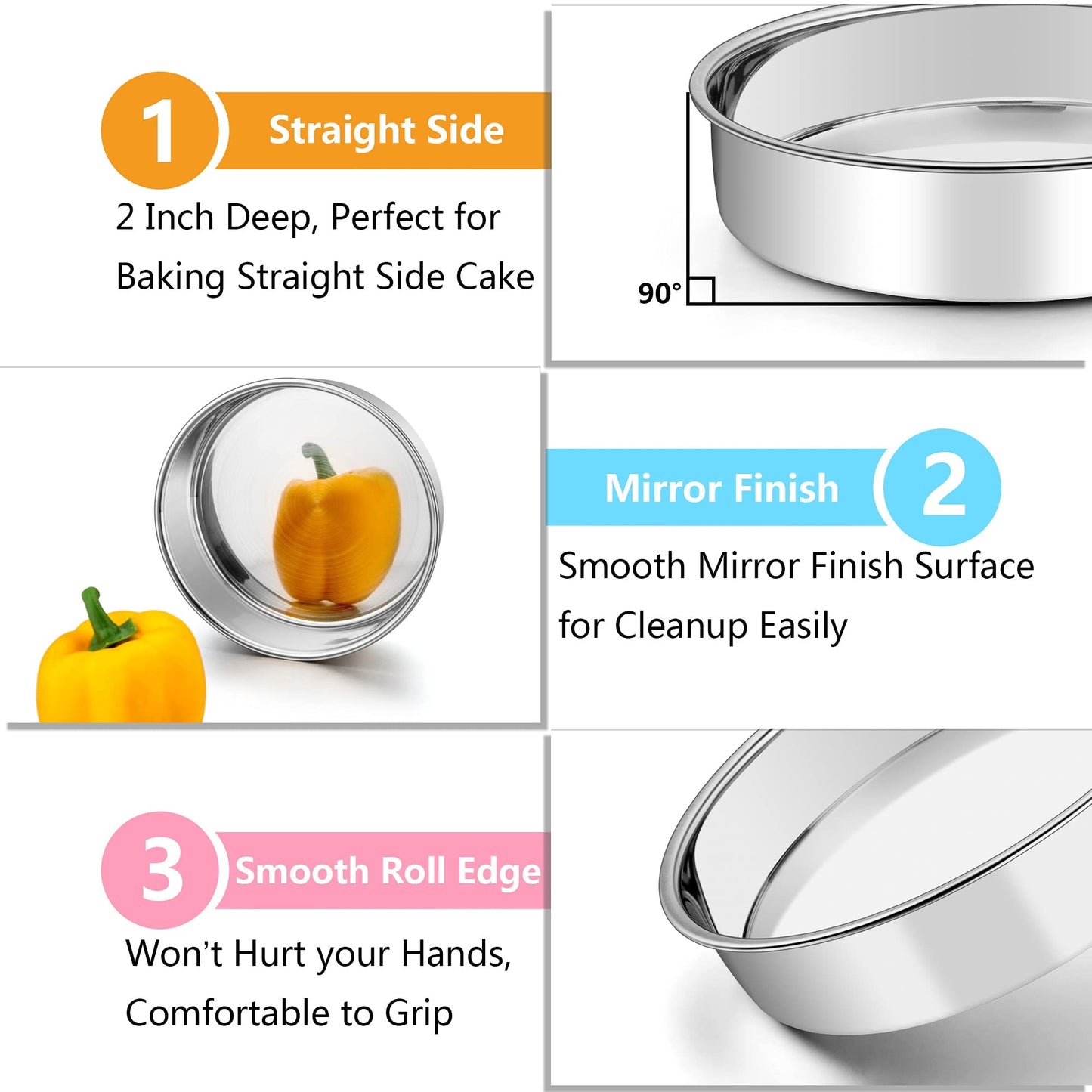 TeamFar Cake Pan, Stainless Steel Round Cake Pan Baking Tier Cake Pans Set, 8'' & 9½'' & 11'', Healthy & Heavy Duty, Mirror Finish & Easy Clean, Dishwasher Safe - 3 Pieces