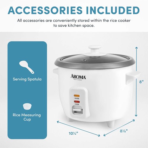 AROMA® Rice Cooker - 3-Cup Uncooked / 6-Cup Cooked Capacity | Auto Keep Warm, White, ARC-363NG