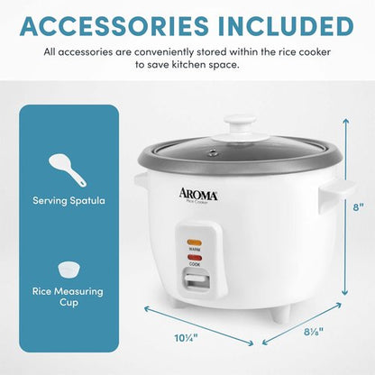 AROMA® Rice Cooker - 3-Cup Uncooked / 6-Cup Cooked Capacity | Auto Keep Warm, White, ARC-363NG