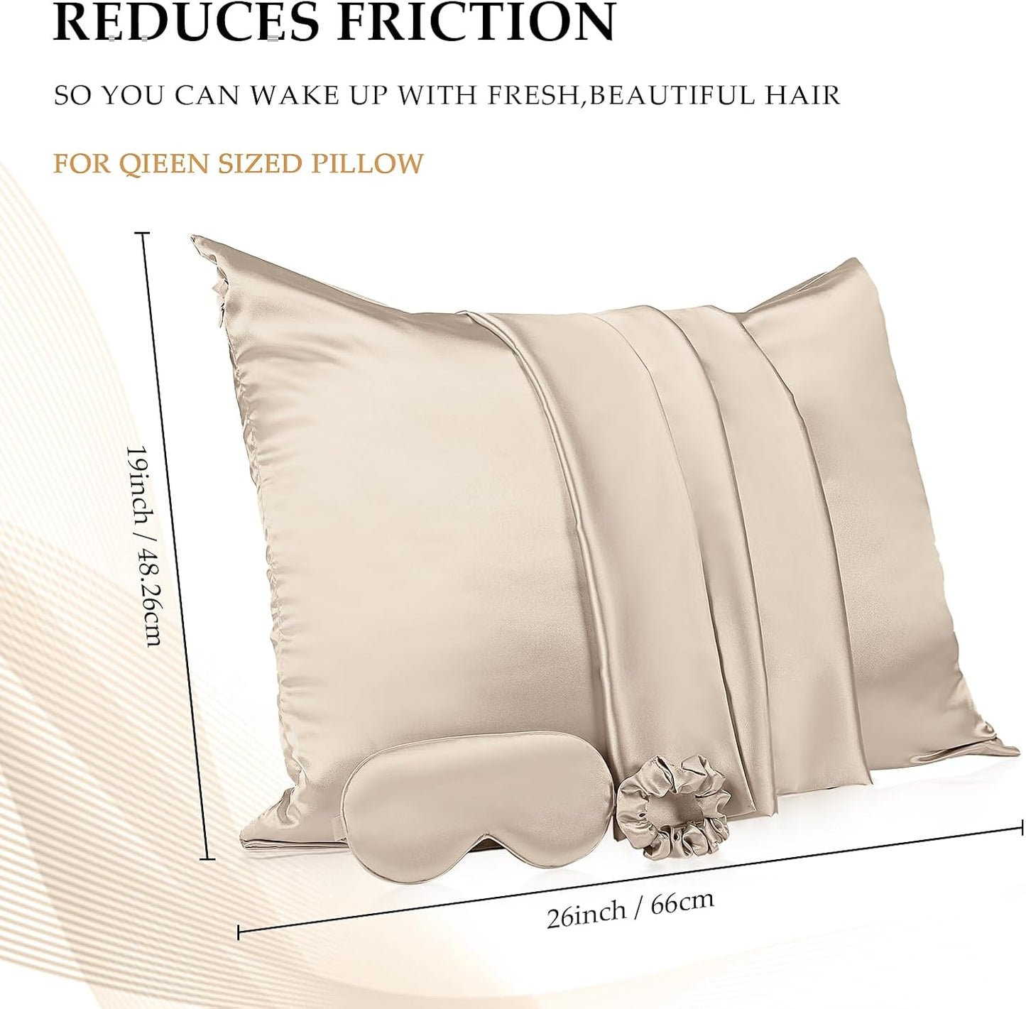 Skiennix Satin Pillowcase Set - 2 Pack with Hidden Zipper, Adjustable Eye Mask & Volume Scrunchie | Champagne