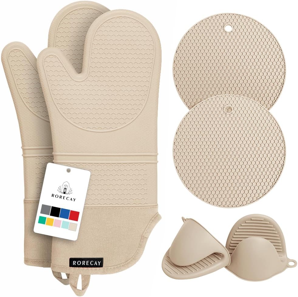 Rorecay Silicone Oven Mitts Set - Extra Long, High Heat Resistant 500°F | 6-Piece Non-Slip Kitchen Gloves & Potholders