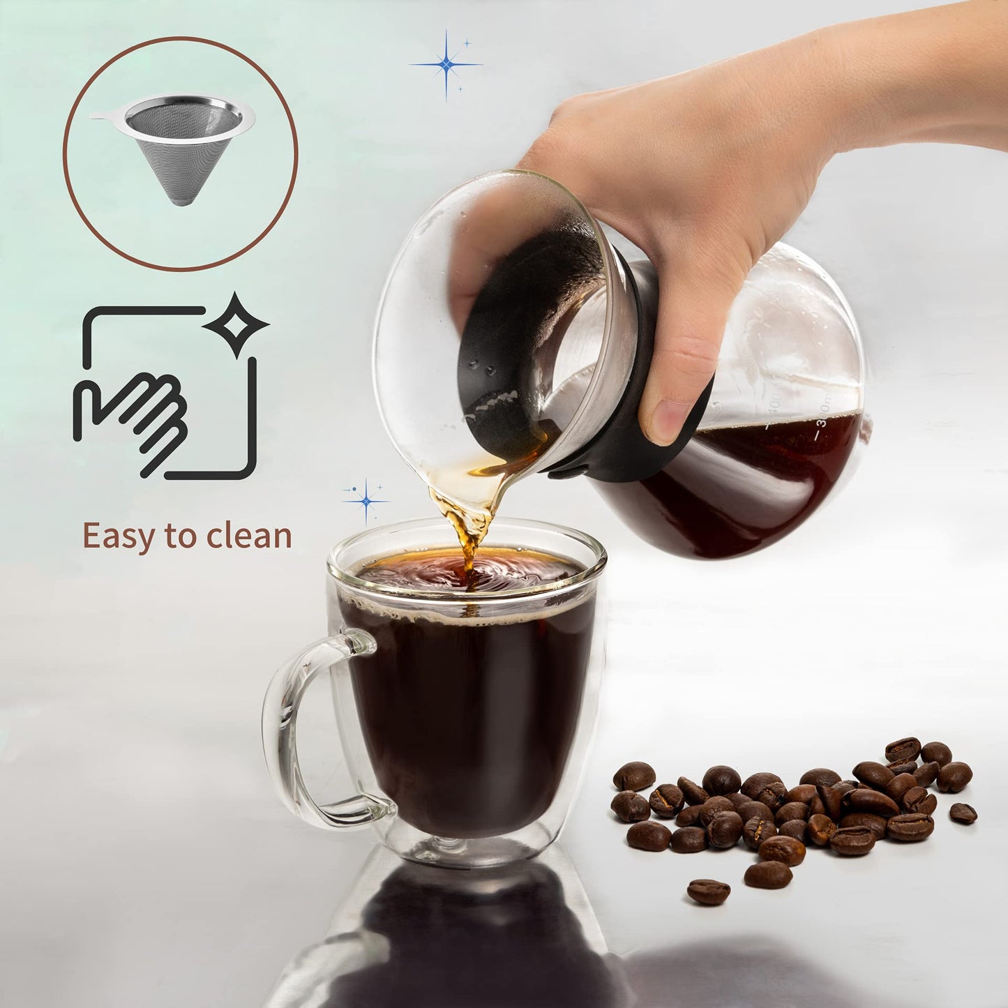 Mixpresso Pour Over Coffee Maker Set Glass Carafe Borosilicate White Protective Silicone Sleeve, Pour Over Coffee Dripper Brewer With Double-layer Stainless Steel Filter 13.5 Oz