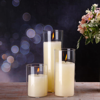 Shihanee Set of 6 Pillar Candles and Glass Cylinder Vases Clear Cylinder Holders for Slim Tall Pillar Candles Wedding Centerpieces(3.4'' x 4.7", 7", 9.8",Ivory White)