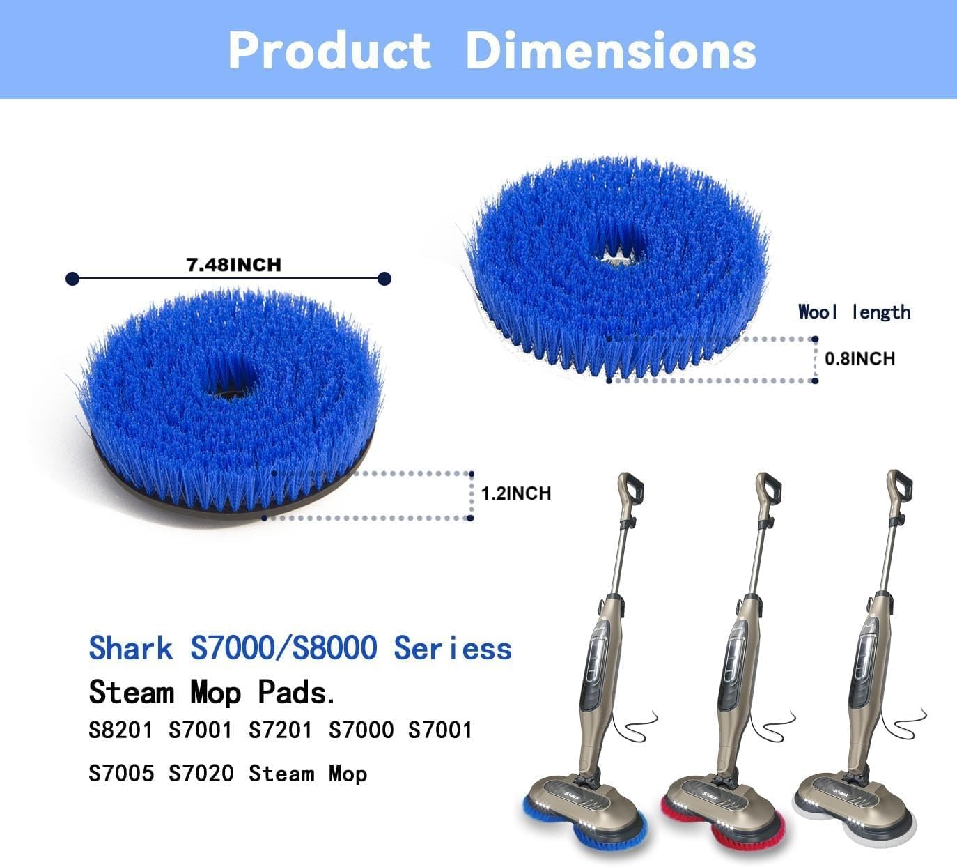 Shark S7001 Mop Pad Replacement Brush Heads - Professional Cleaning & Polishing for Tile Floors | Blue
