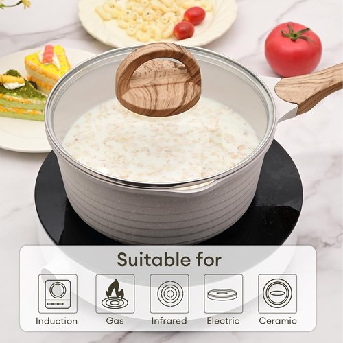 JEETEE Nonstick 2 Quart Saucepan with Lid - Stone Coating for Induction Cooking (Beige)