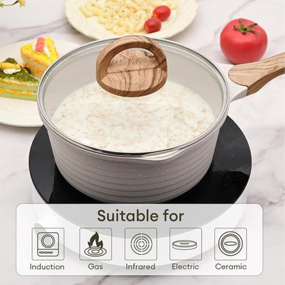 JEETEE Nonstick 2 Quart Saucepan with Lid - Stone Coating for Induction Cooking (Beige)