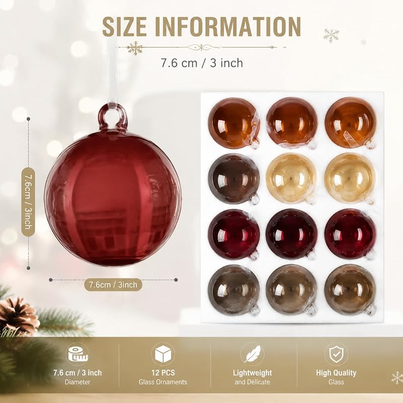 12pcs Old Money Christmas Ball Ornaments - Glass Baubles, Translucent (Variation: Translucent)