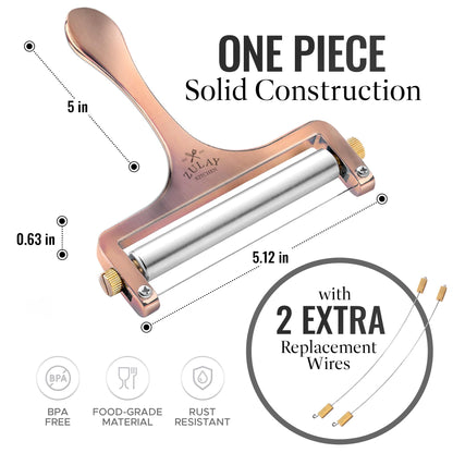 Zulay Cheese Slicer With Adjustable Thickness - Wire Cheese Slicer For Mozzarella Cheese, Cheddar Cheese, Gouda Cheese - Cheese Slicers For Block Cheese Heavy Duty With 2 Extra Wires (Copper)