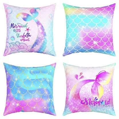 Pack of 4 Mermaid Decor Throw Pillow Covers, Soft Glitter Print (No Glitter) Pastel Fish Scales Square Cushion Case Set for Sofa Living Room, Girly Rainbow Pillow Cases Pillowcases, 18x18 Inches