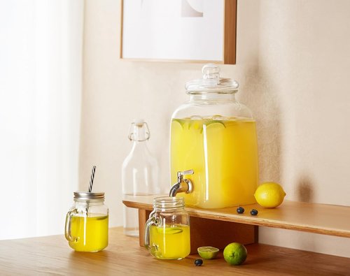 Kook Glass Drink Dispenser - Leak-Proof Stainless Steel Spigot | 1.25 Gallon Clear Mason Jar for Iced Tea, Sangria & More