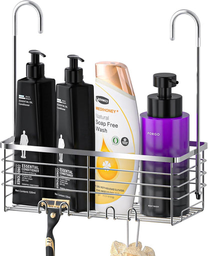 SHANSHUI Shower Organizer Caddy - Rustproof 304 Stainless Steel Hanging Basket for Bathroom | Over Door Rack with Hooks