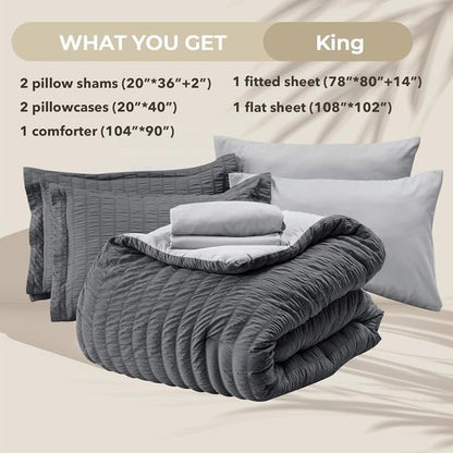 HYMOKEGE King Size Comforter Set - Luxury 7-Piece Bedding Set in Dark Grey/Light Grey | All-Season Comfort