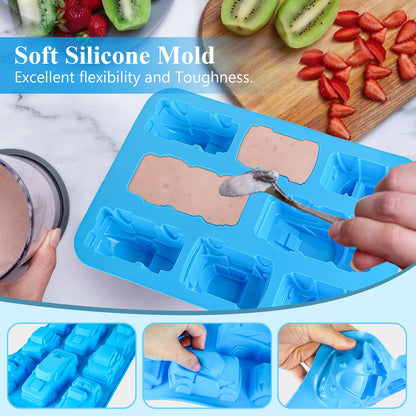 Joyeee Silicone Sports Car Soap Mold, 1Pcs 8 Cavity Train Bus Cars Pure Silicone Mold Tray, Kids Birthday Cake Pan Tray for Jelly Pudding Fondant Hard Candy Fat Bombs Resin, Making Kids Favor, 32.5 CM