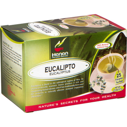 Hanan Eucalyptus 25 Tea Bags - Eucalipto Herbal Tea - Dried Eucalyptus Leaves from Peru - Fresh Floral Taste No Seeds Stems or Branches