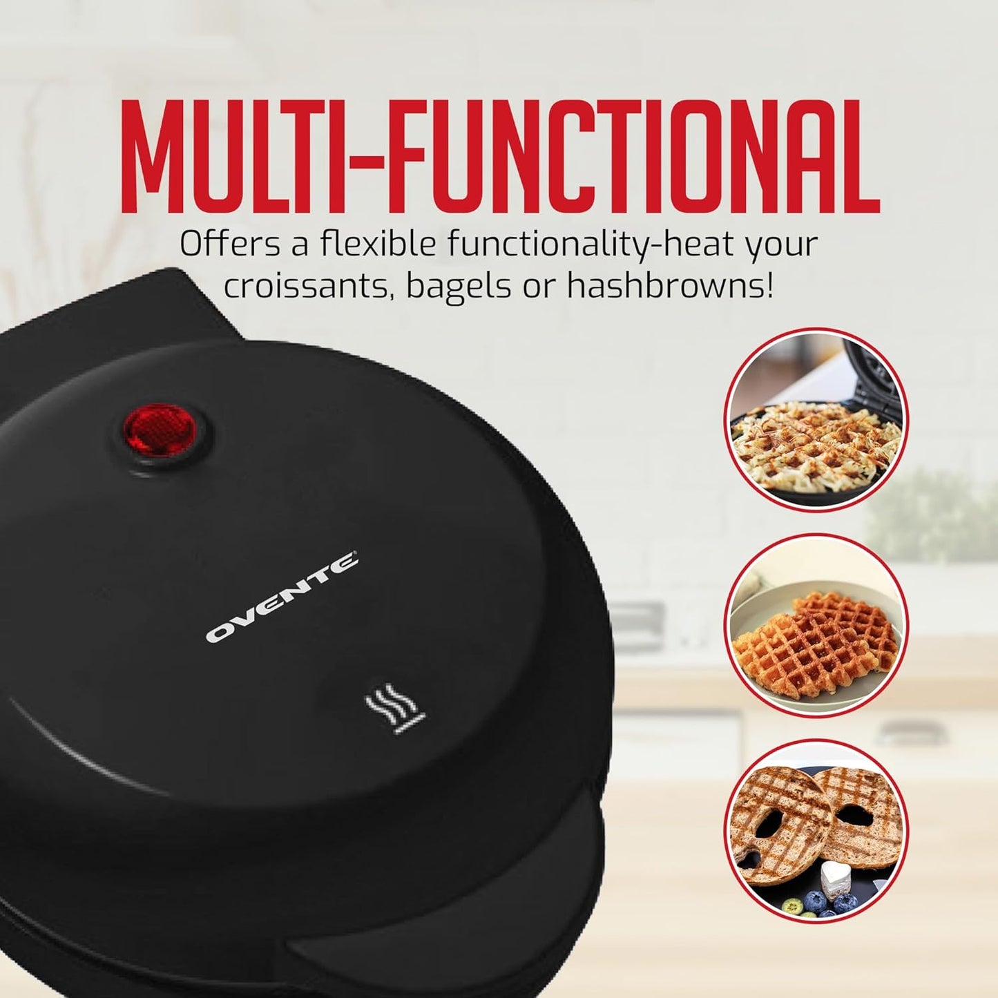 OVENTE Mini Waffle Maker - 4-Inch Non-Stick Chaffle Mold with Quick Heat-Up & Overheat Protection - Black WM215B