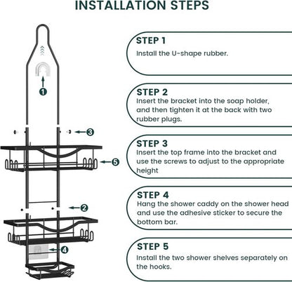 Adjustable Shower Caddy by Regine Switzerland - Rustproof Organizer with Hooks | Large Capacity, Black