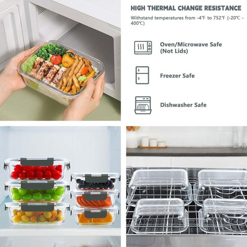 KAMOTA Glass Food Storage Containers, 10 Pack Glass Meal Prep Containers, Airtight Containers with Snap-Lock Lids, 34 oz and 13 oz gray Container Set with Lids, for Microwave/Oven/Freezer/Dishwasher