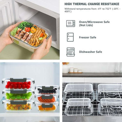 KAMOTA Glass Food Storage Containers, 10 Pack Glass Meal Prep Containers, Airtight Containers with Snap-Lock Lids, 34 oz and 13 oz gray Container Set with Lids, for Microwave/Oven/Freezer/Dishwasher