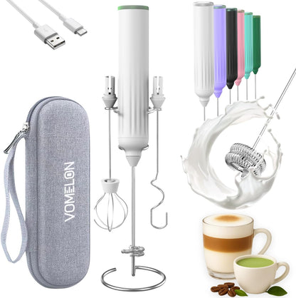 Skiennix Milk Frother - Rechargeable Electric Drink Mixer with 3 Whisks & Travel Case - White