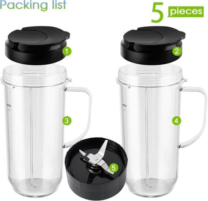Magic Bullet Blender Cups - 5-Piece Set with 22oz Tall Cup, Flip-Top Lid & Cross Blade | Replacement Parts