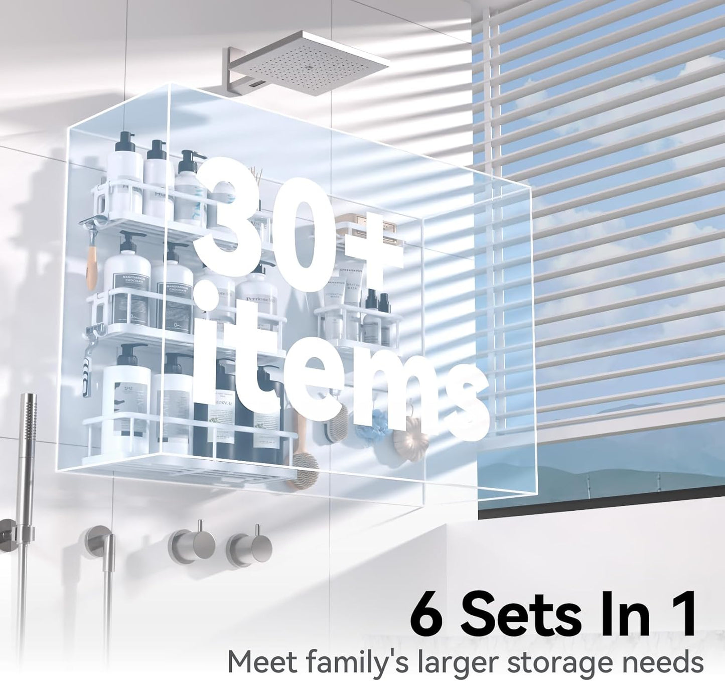 YASONIC Shower Caddy - Large Capacity Organizer with Soap Holder & 12 Hooks | Rustproof White Shelves