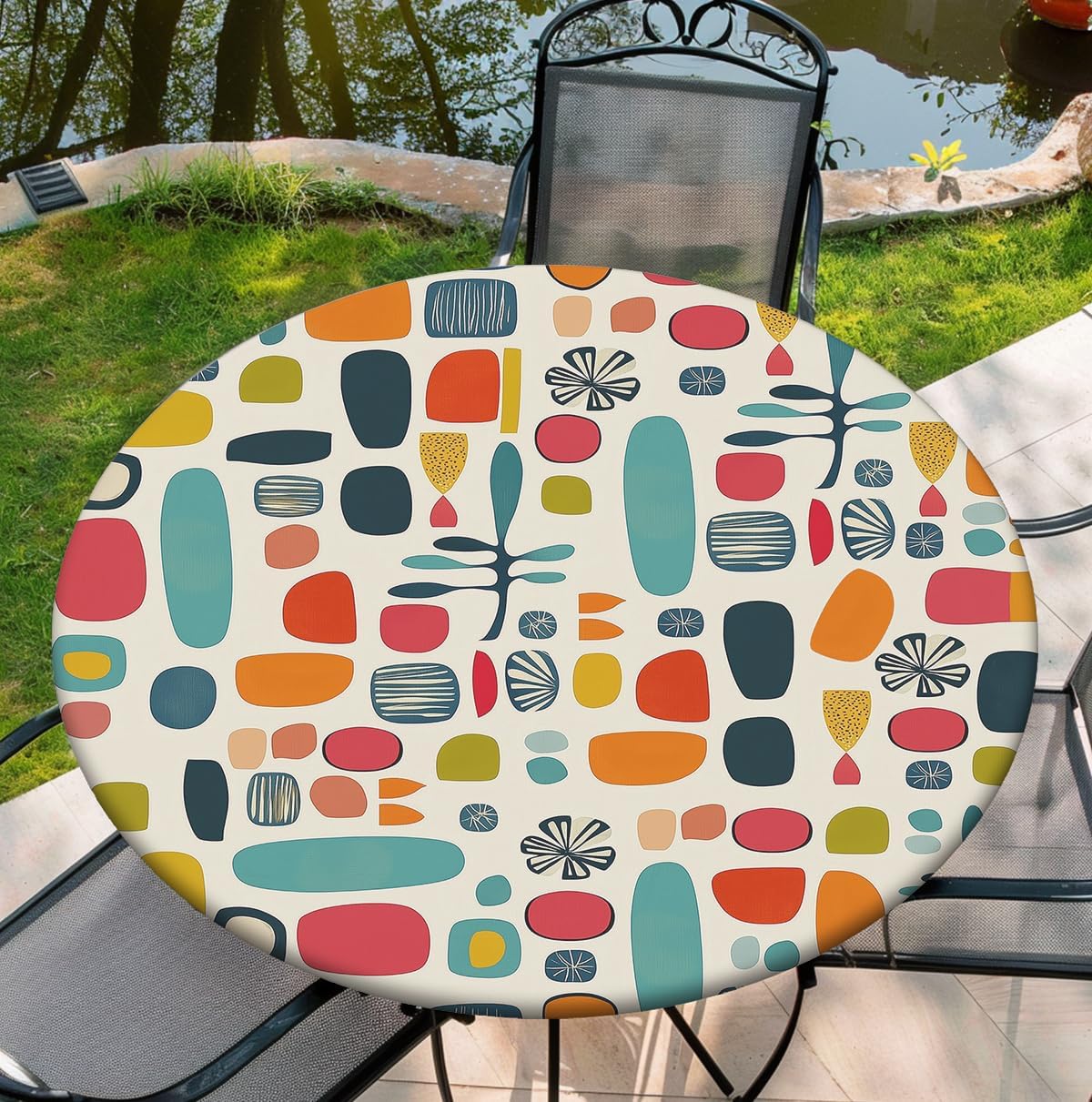 Skiennix Waterproof Tablecloth - Elastic Fit for Round Tables 36"-70" | Indoor & Outdoor Use, 60" Geometry Design