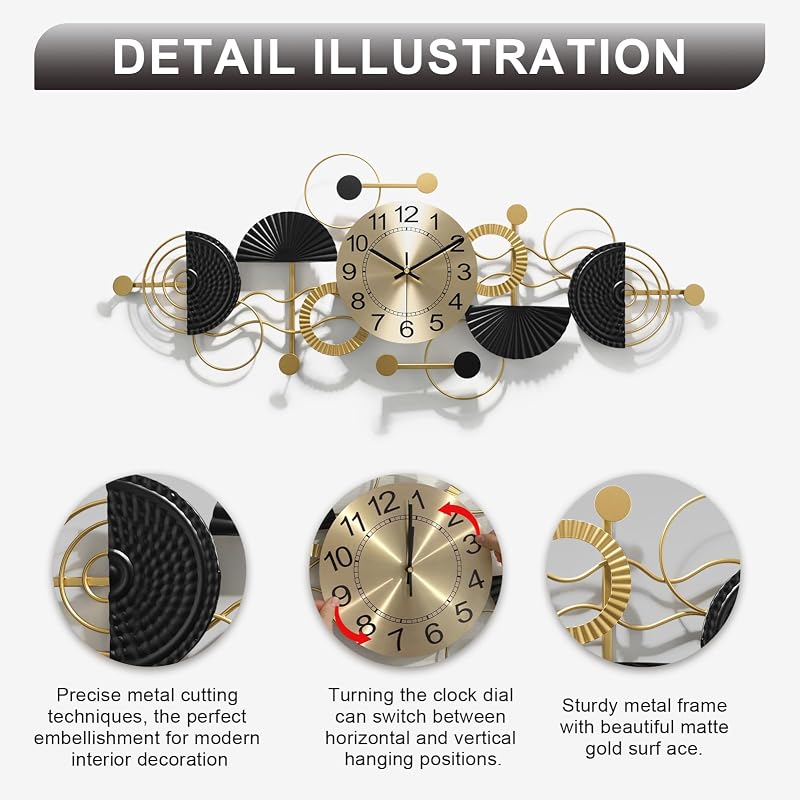 Gold Decorative Wall Clock - 3D Metal Frame Quartz Silent Large Wall Clock (Variation: Gold-lines+Small)