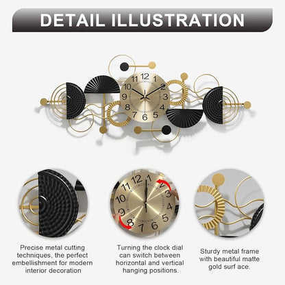 Gold Decorative Wall Clock - 3D Metal Frame Quartz Silent Large Wall Clock (Variation: Gold-lines+Small)