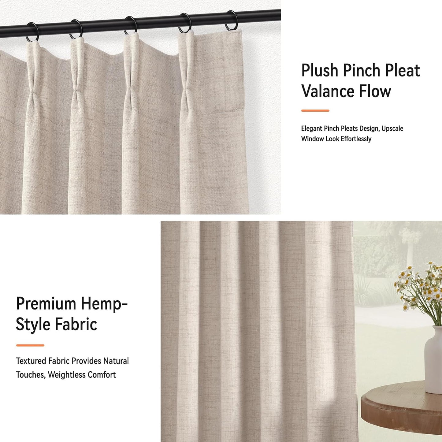 Skiennix 100% Blackout Curtains - Faux Linen Pinch Pleated Drapes, 84" Long | Oatmeal, 2 Panels Set