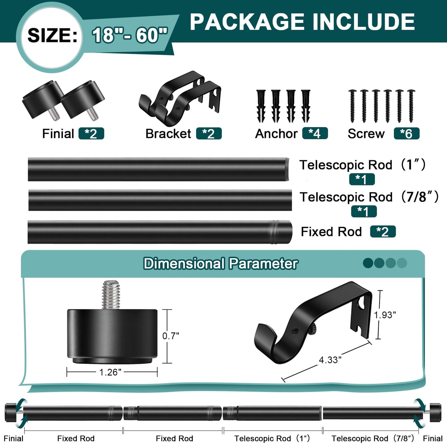 Treije Curtain Rods 18-60 Inch, 1" Heavy Duty Adjustable Curtain Rod for Windows, Black Window Treatment Rod, Modern Design, Easy Installation