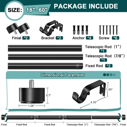Treije Curtain Rods 18-60 Inch, 1" Heavy Duty Adjustable Curtain Rod for Windows, Black Window Treatment Rod, Modern Design, Easy Installation