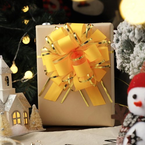 Forbinbo Gift Wrap Ribbon Pull Bows - Easy & Fast 6" Wide Yellow Bows for Christmas & Gift Decoration