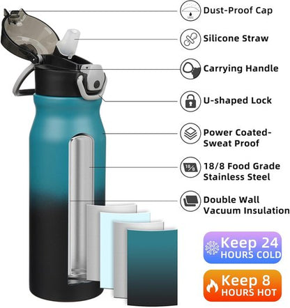 BJPKPK Insulated Water Bottle - 25oz Stainless Steel Flask with Straw & Leak-Proof Lid | Indigo Black