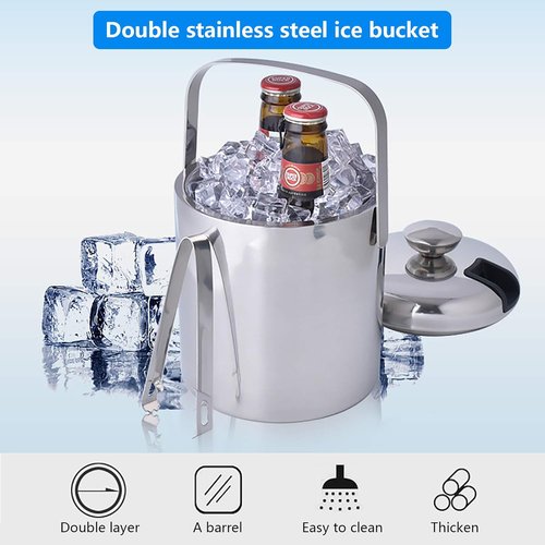 1.3L Stainless Steel Ice Bucket - Double Wall Insulated w/Lid & Scoop, Keeps Ice Cold for Hours (Perfect for Wine, Champagne, Cocktails)
