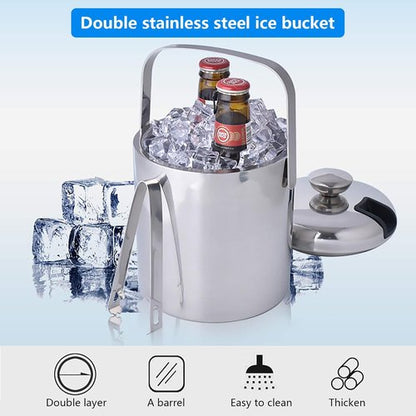 1.3L Stainless Steel Ice Bucket - Double Wall Insulated w/Lid & Scoop, Keeps Ice Cold for Hours (Perfect for Wine, Champagne, Cocktails)