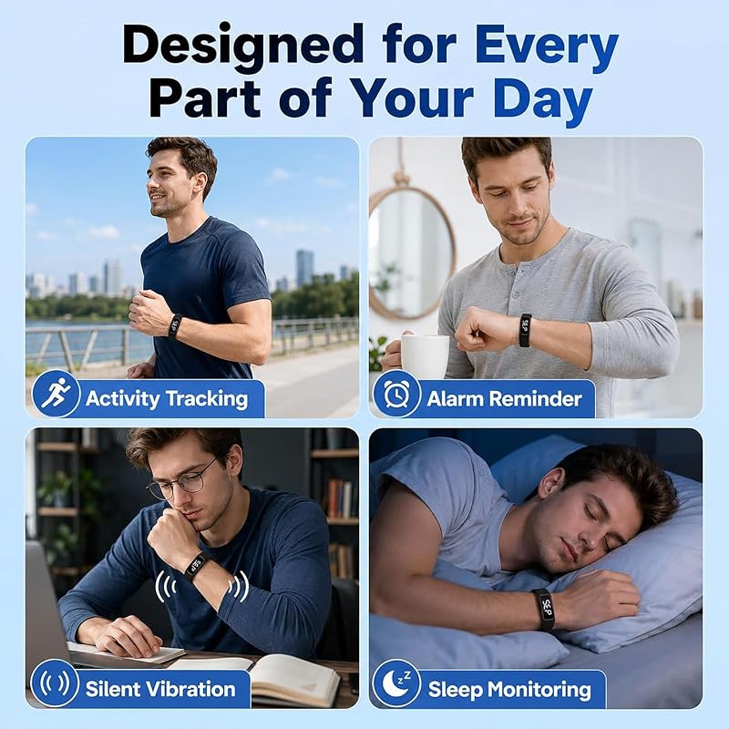 Dark Blue Vibrating Alarm Wristband - Silent Wake Wristwatch for Heavy Sleepers, Sleep Tracking & Step Counter