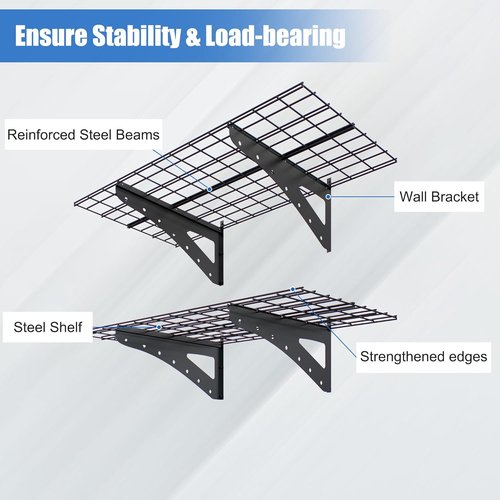 Garage Shelving | Wall Mounted Heavy Duty Set of 2 - 2 x 4 ft Floating Storage Rack, Max Load 250 lbs, Black