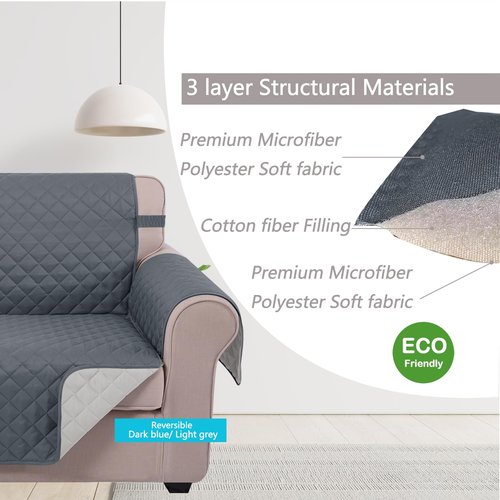U-NICE HOME Reversible Sofa Cover Couch Cover for Dogs with Elastic Straps Water Resistant Furniture Protector for Pets Couch Cover for 3 Cushion Couch (Sofa, Dark Blue/Light Grey)