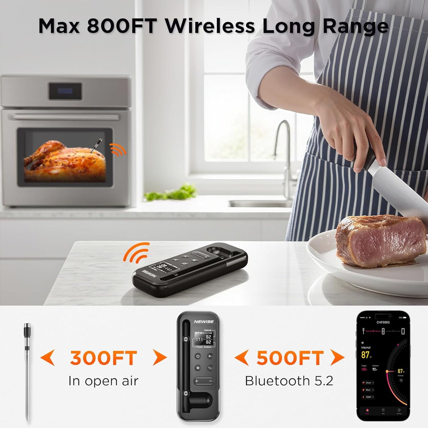 Newise Bluetooth Meat Thermometer - Smart App Control, 800FT Wireless Range & Rechargeable Probe | Ideal for BBQ & Grilling