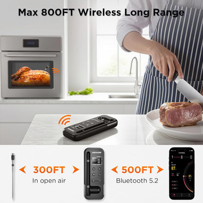Newise Bluetooth Meat Thermometer - Smart App Control, 800FT Wireless Range & Rechargeable Probe | Ideal for BBQ & Grilling