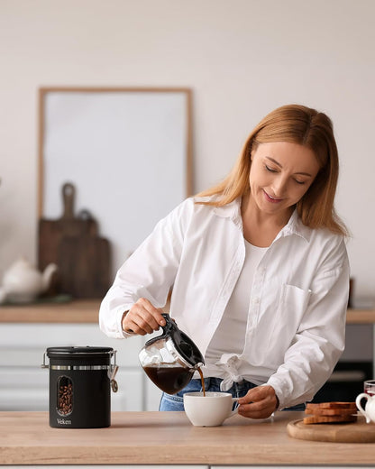Veken Coffee Canister - Airtight Stainless Steel Storage with Window & Date Tracker | 16oz Black