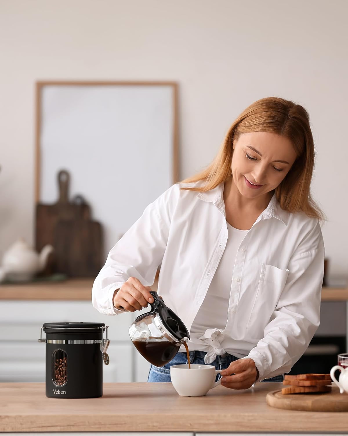 Veken Coffee Canister - Airtight Stainless Steel Storage Container with Window & Date Tracker | 16oz, Black