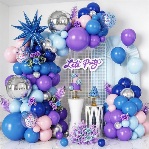 Blue Purple Silver Balloon Arch Garland Kit - Star Foil & 4D Round Balloons for Hawaii Theme Baby Shower