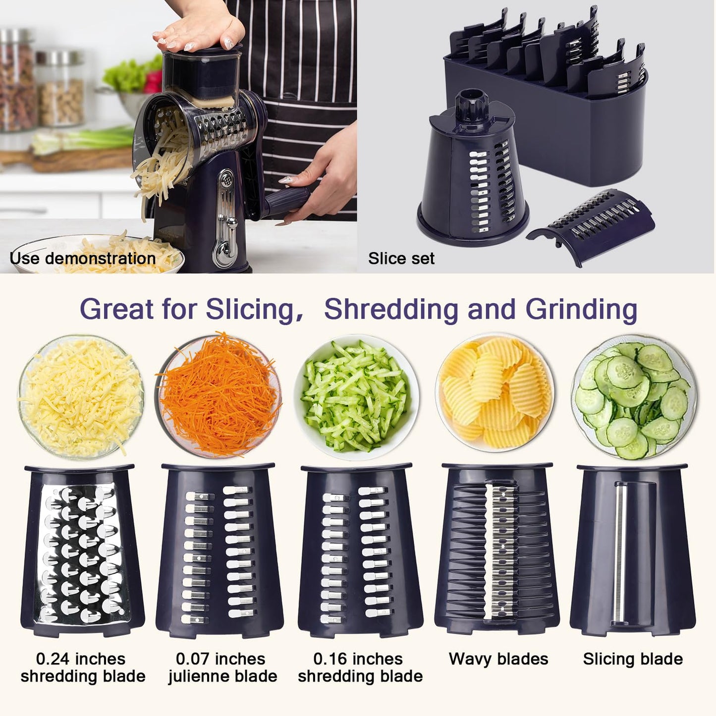 Rotary cheese grater - hand-cranked,5in1 washable & easy to clean - perfect for chefs, cuts cheese, veggies, fruits, nuts, crackers - upgraded model with strong suction-Hand Crank Cheese Grater