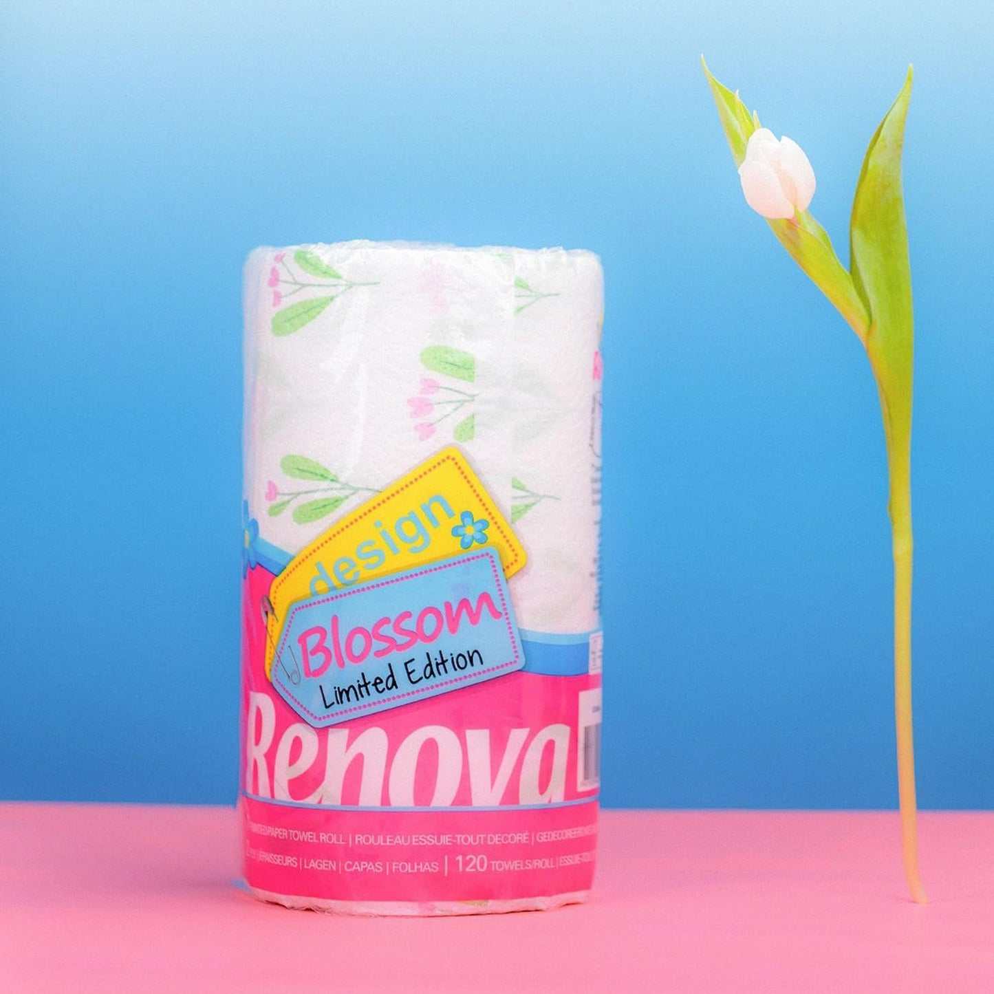 Renova Kitchen Paper Towels, Blossom Design, XXL Roll, 120 Sheets, White