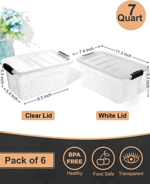 EOENVIVS Plastic Storage Bins - 7 Quart Stackable Containers with Lids & Black Buckle Latch | 6 Pack for Home & Office Organization