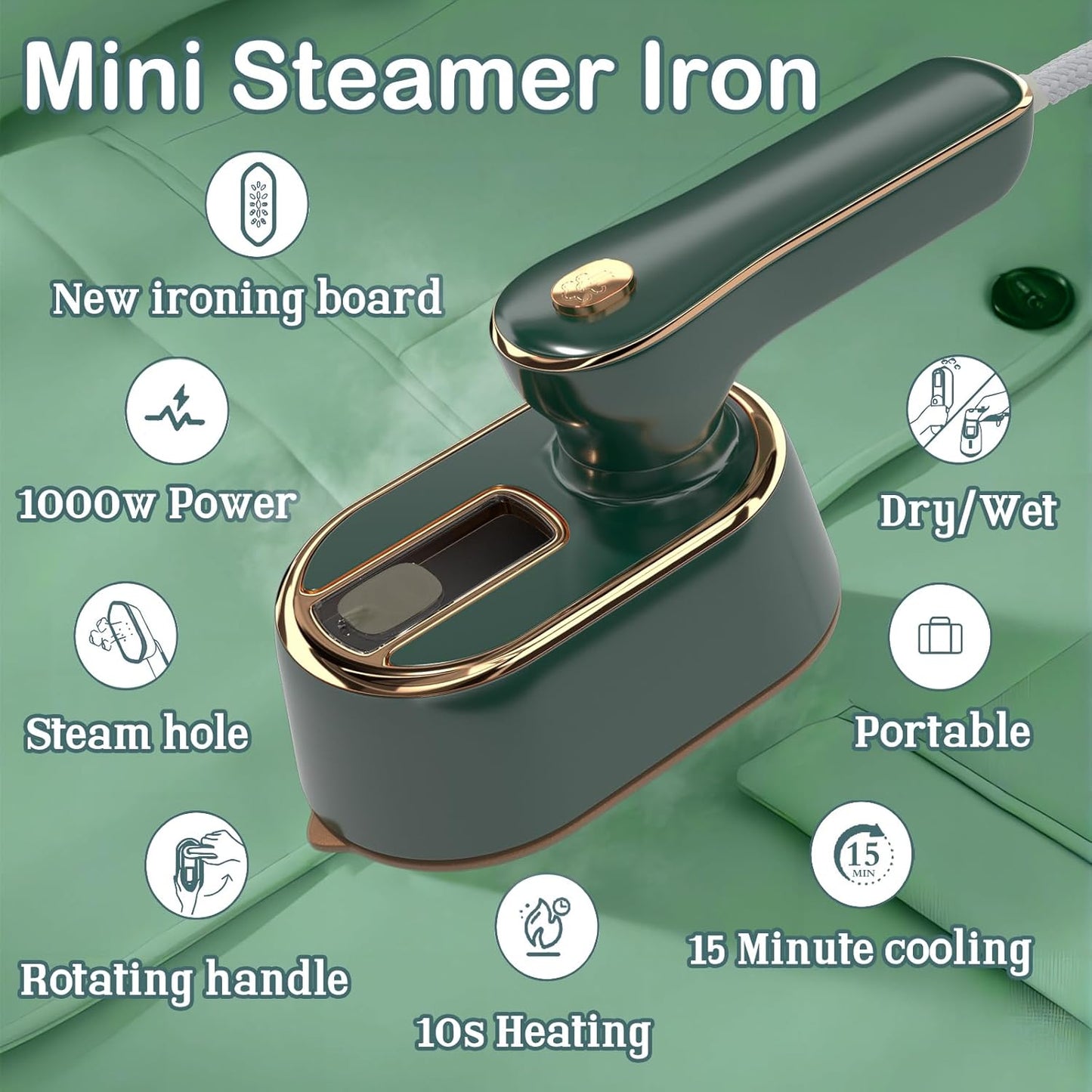 Skiennix Travel Steamer Iron - Mini Portable Ironing Machine for Home & College Dorm Essentials | Green